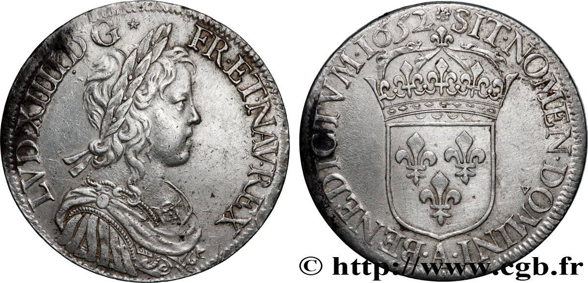 LOUIS XIV LE GRAND OU LE ROI SOLEIL Écu, portrait à la mèche longue 1652 Paris TTB+