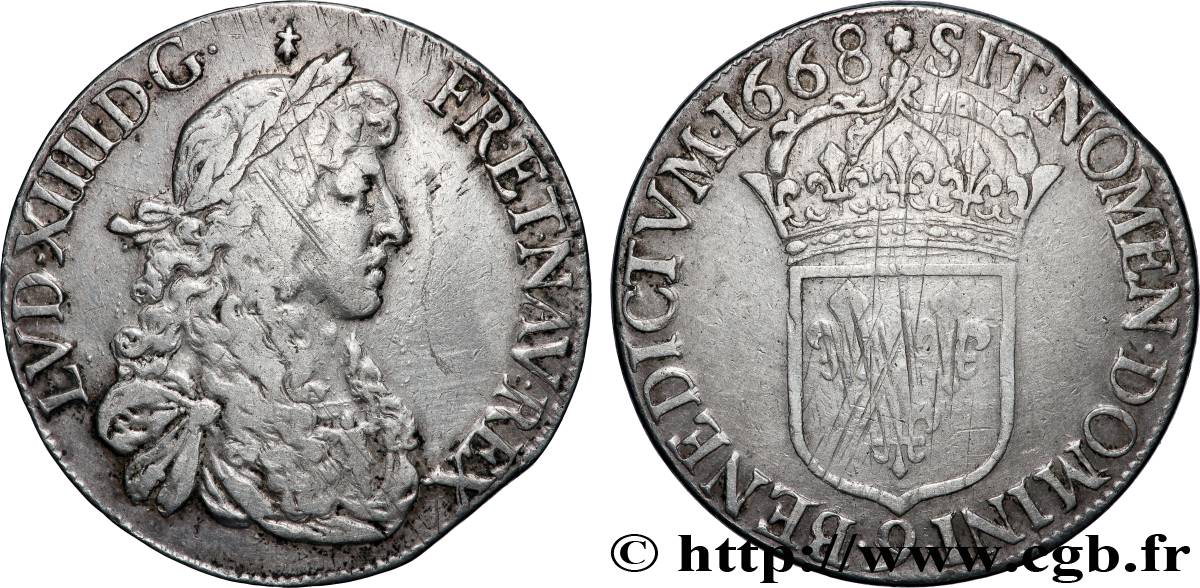 LOUIS XIV LE GRAND OU LE ROI SOLEIL Écu, portrait apollinien 1668 Rennes TTB
