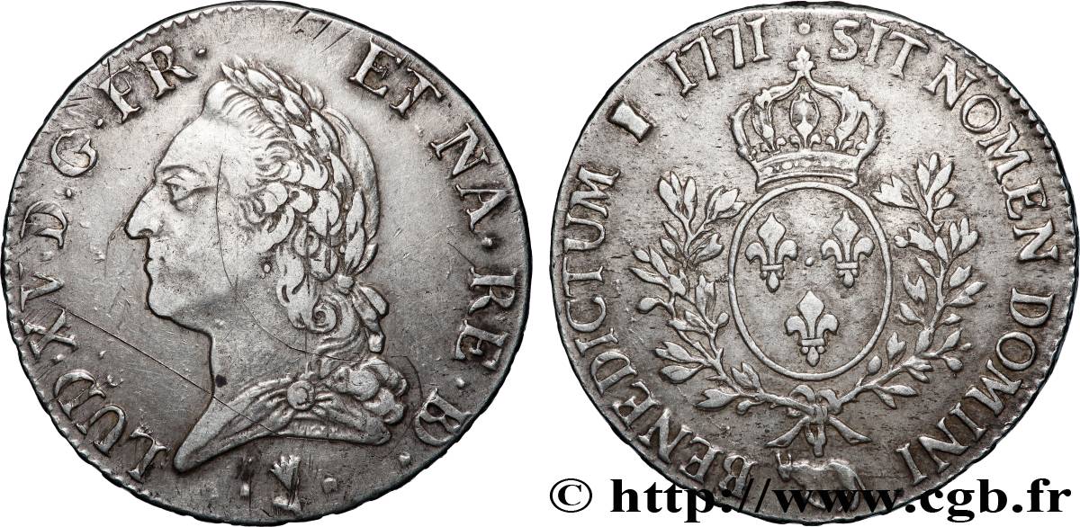 LOUIS XV DIT LE BIEN AIMÉ Écu aux branches d’olivier, buste lauré 1771 Pau TTB/TTB+