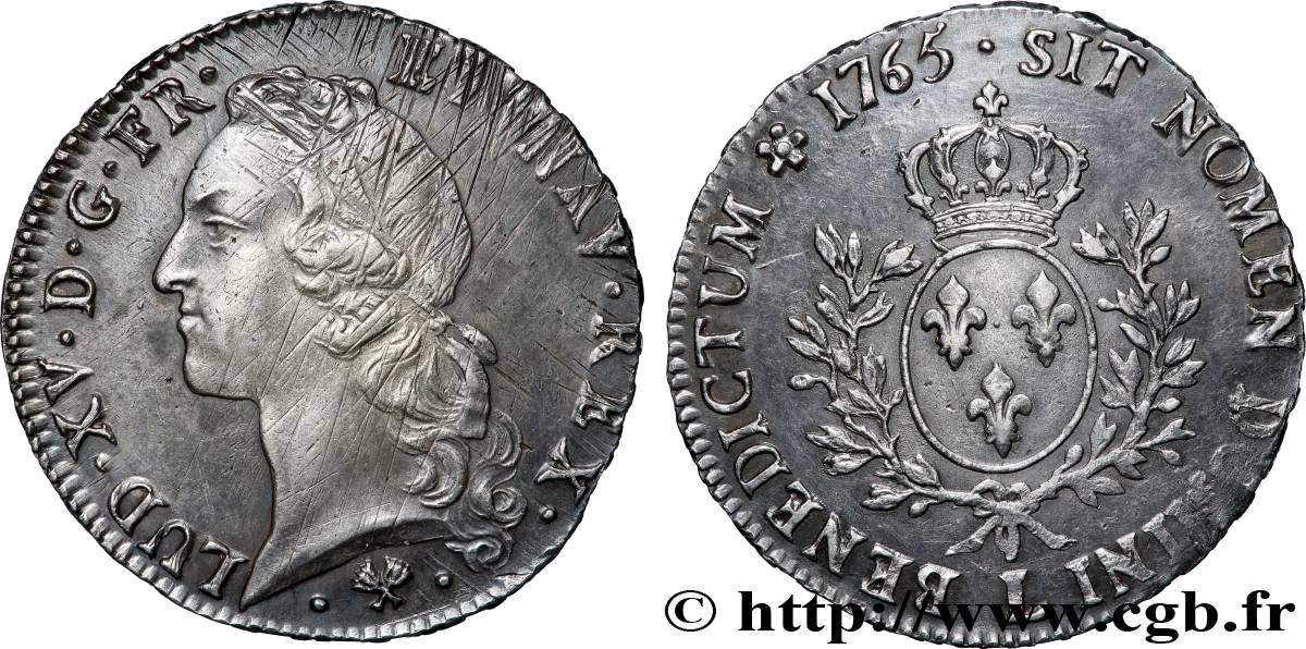 LOUIS XV DIT LE BIEN AIMÉ Écu aux branches d’olivier, tête ceinte d’un bandeau 1765 Bayonne TTB+/SUP