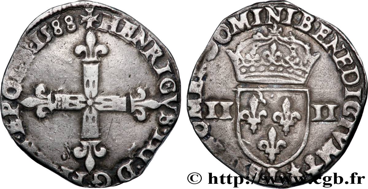 HENRI III Quart d&nbsp;écu, croix de face 1588 Bayonne TTB