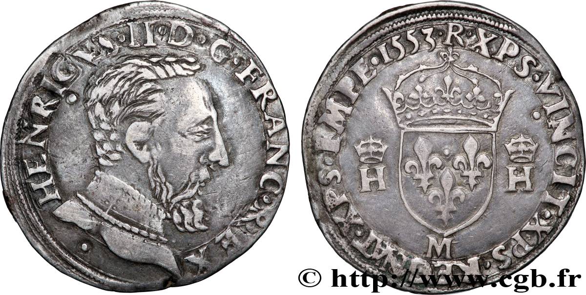 HENRI II Teston à la tête nue, 5e type 1553 Toulouse TTB+