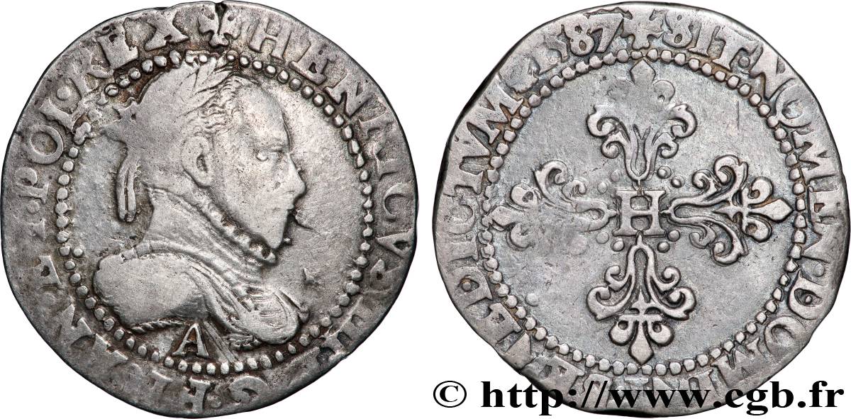 HENRI III Demi-franc au col gaufré 1587 Paris TB+/TTB