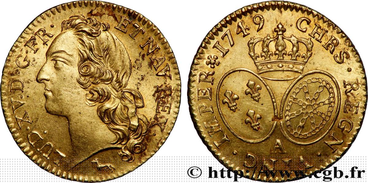 LOUIS XV &nbsp;THE WELL-BELOVED&nbsp; Louis d’or aux écus ovales, tête ceinte d’un bandeau 1749 Paris MS