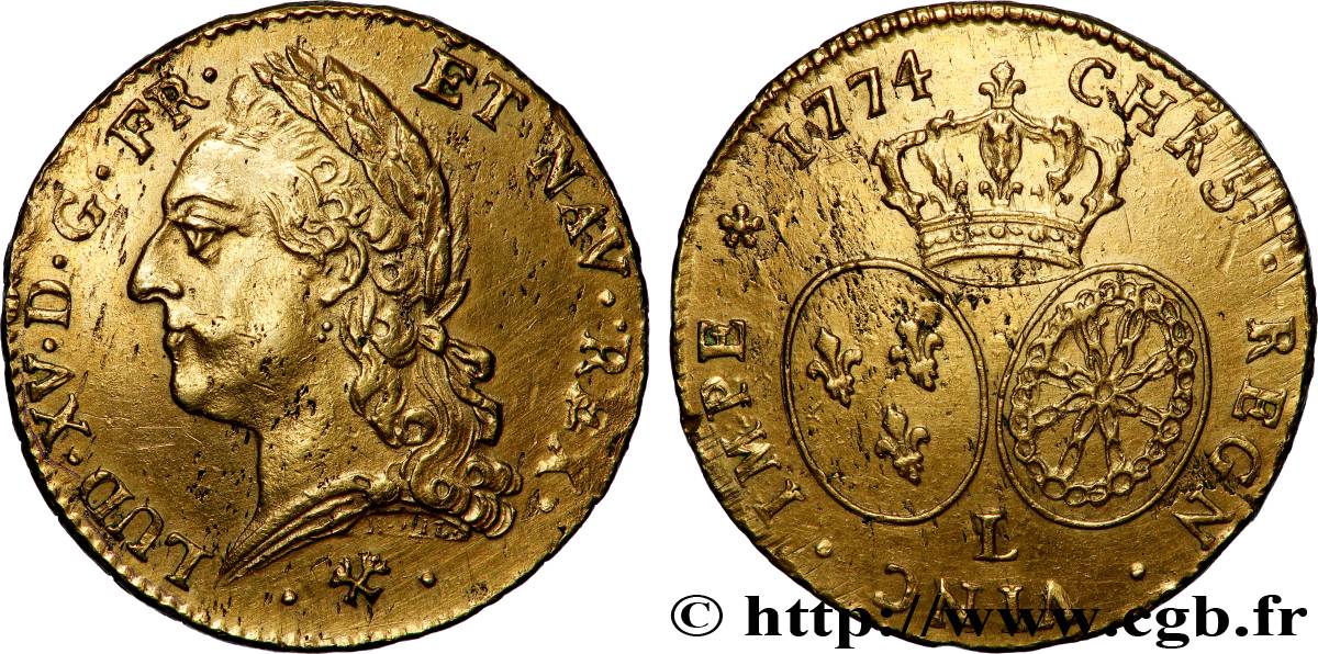 LOUIS XV &nbsp;THE WELL-BELOVED&nbsp; Double louis d&nbsp;or aux écus ovales, buste lauré 1774 Bayonne AU