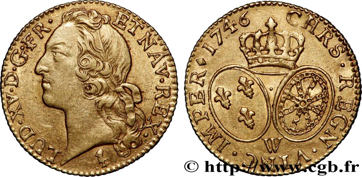 LOUIS XV &nbsp;THE WELL-BELOVED&nbsp; Louis d’or aux écus ovales, tête ceinte d’un bandeau 1746 Lille AU