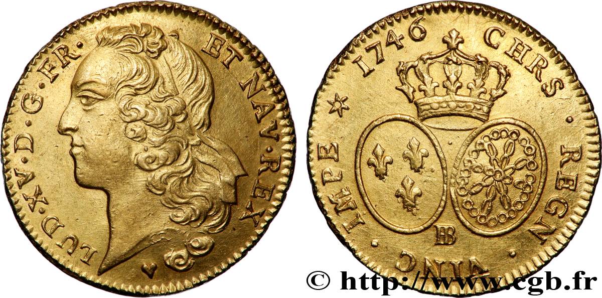 LOUIS XV DIT LE BIEN AIMÉ Double louis d’or aux écus ovales, tête ceinte d’un bandeau 1746 Strasbourg TTB+/SUP