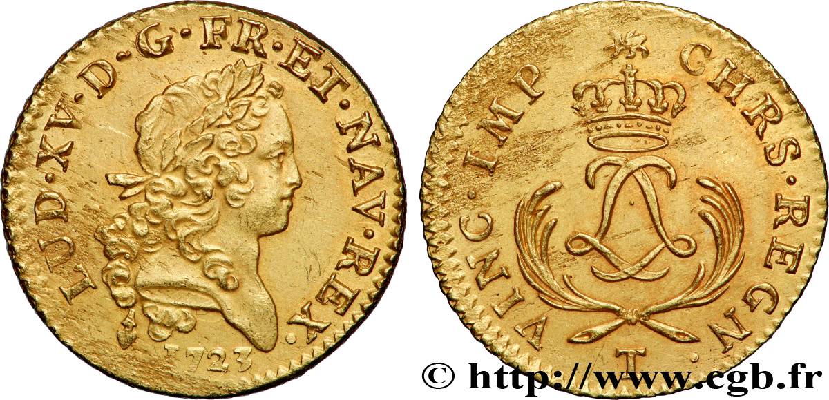 LOUIS XV DIT LE BIEN AIMÉ Louis d&nbsp;or aux deux L entrelacées et aux palmes courtes 1723 Nantes TTB/TTB+