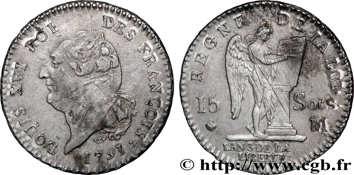 LOUIS XVI (MONARQUE CONSTITUTIONNEL)  15 sols dit &nbsp;au génie&nbsp;, type FRANÇOIS 1791 Toulouse TTB/TTB+