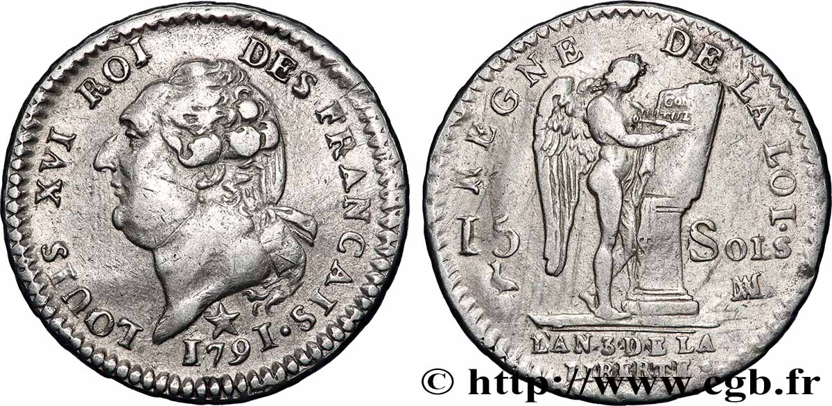 LOUIS XVI 15 sols dit &nbsp;au génie&nbsp;, type FRANÇAIS 1791 Marseille XF/VF