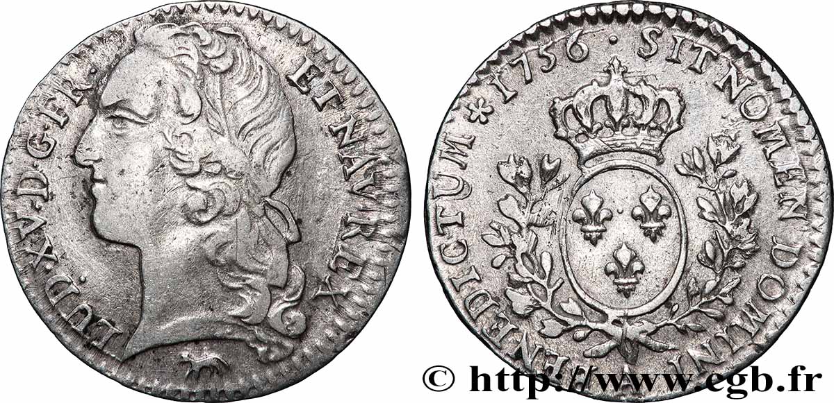 LOUIS XV DIT LE BIEN AIMÉ Dixième d&nbsp;écu aux branches d’olivier, tête ceinte d’un bandeau 1756 Paris TTB/TTB+