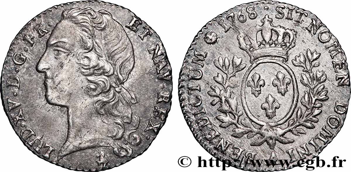 LOUIS XV DIT LE BIEN AIMÉ Dixième d&nbsp;écu aux branches d’olivier, tête ceinte d’un bandeau 1768 Paris TTB