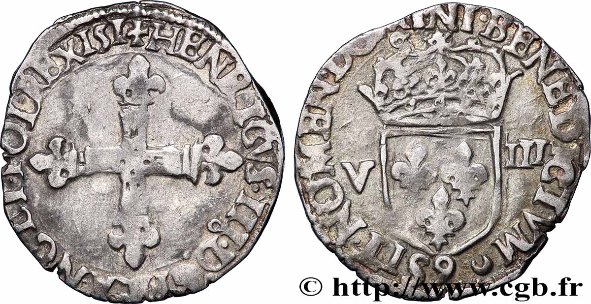 HENRI III Huitième d&nbsp;écu, croix de face 1581 Rennes TB+