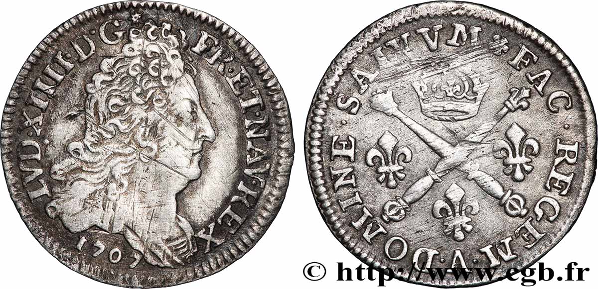 LOUIS XIV LE GRAND OU LE ROI SOLEIL 10 sols aux insignes 1707 Paris TTB