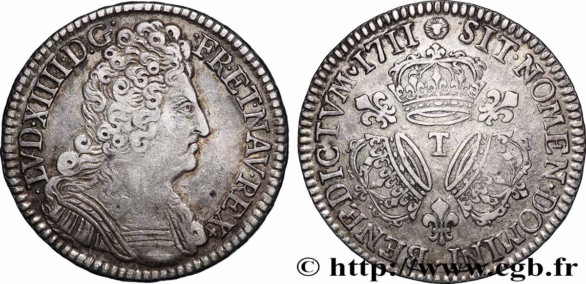 LOUIS XIV LE GRAND OU LE ROI SOLEIL Demi-écu aux trois couronnes 1711 Nantes TTB