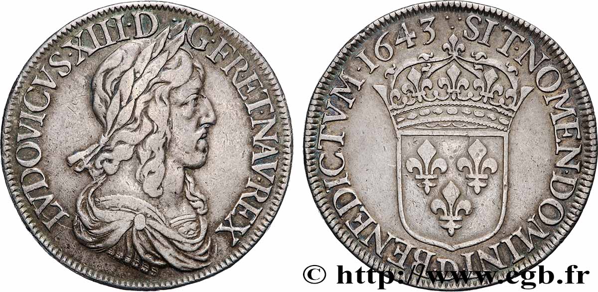 LOUIS XIII LE JUSTE Écu, buste drapé et cuirassé (2e buste de Jean Warin) 1643 Lyon TTB/TTB+