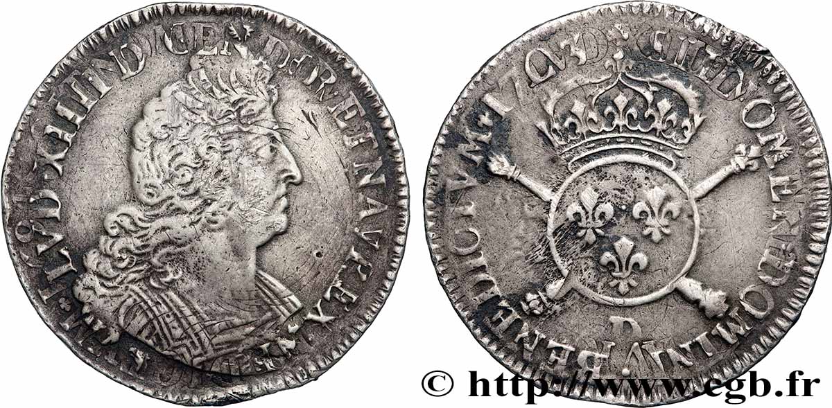 LOUIS XIV LE GRAND OU LE ROI SOLEIL Demi-écu aux insignes 1703 Lyon TTB