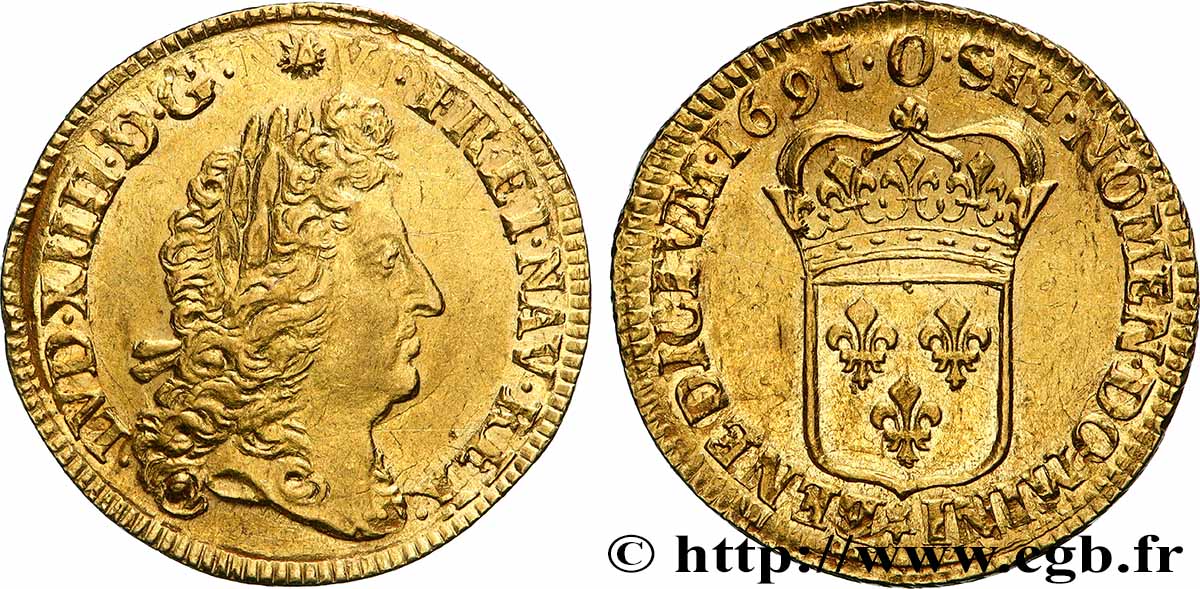 LOUIS XIV LE GRAND OU LE ROI SOLEIL Louis d&nbsp;or à l&nbsp;écu 1691 Riom SUP