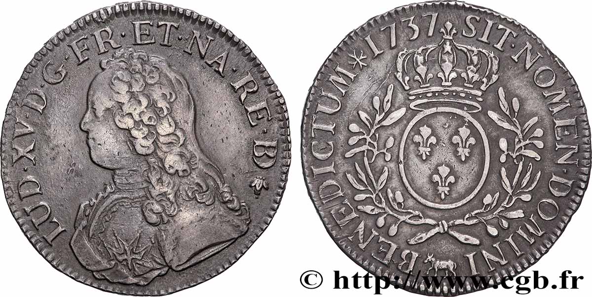LOUIS XV &nbsp;THE WELL-BELOVED&nbsp; Écu aux branches d&nbsp;olivier, buste habillé 1737 Pau XF/AU