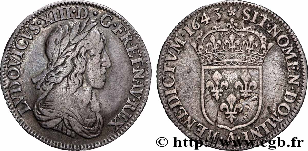 LOUIS XIII LE JUSTE Quart d&nbsp;écu, buste drapé et cuirassé (2e buste de Jean Warin) 1643 Paris, Monnaie de Matignon TB+/TTB