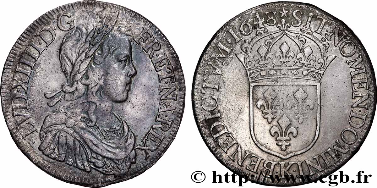 LOUIS XIV LE GRAND OU LE ROI SOLEIL Écu, portrait à la mèche longue 1648 Bordeaux TB+/TTB