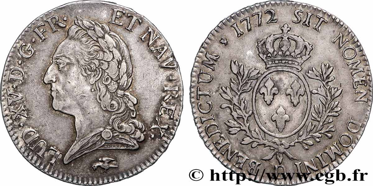 LOUIS XV DIT LE BIEN AIMÉ Écu aux branches d’olivier, buste lauré 1772 Lyon TTB/TTB+