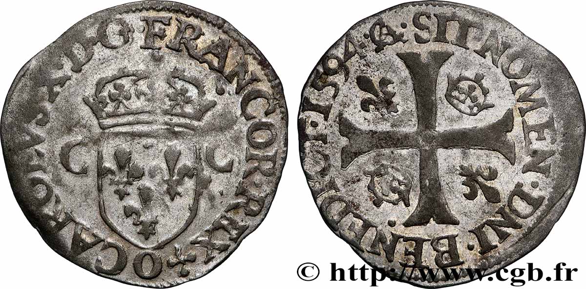 CHARLES X, CARDINAL OF BOURBON Douzain aux deux C, 2e type 1594 Riom fVZ