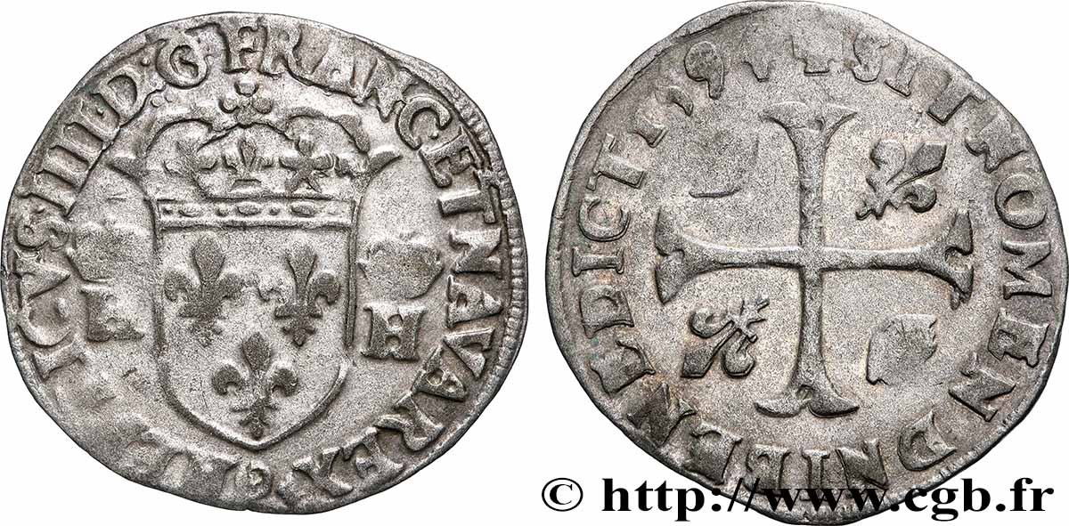 HENRI IV LE GRAND Douzain aux deux H couronnées, 9e type 1594 Clermont-Ferrand TTB