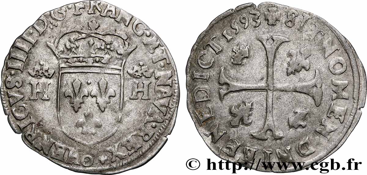 HENRI IV LE GRAND Douzain aux deux H couronnées, 9e type 1593 Clermont-Ferrand TTB+/TTB