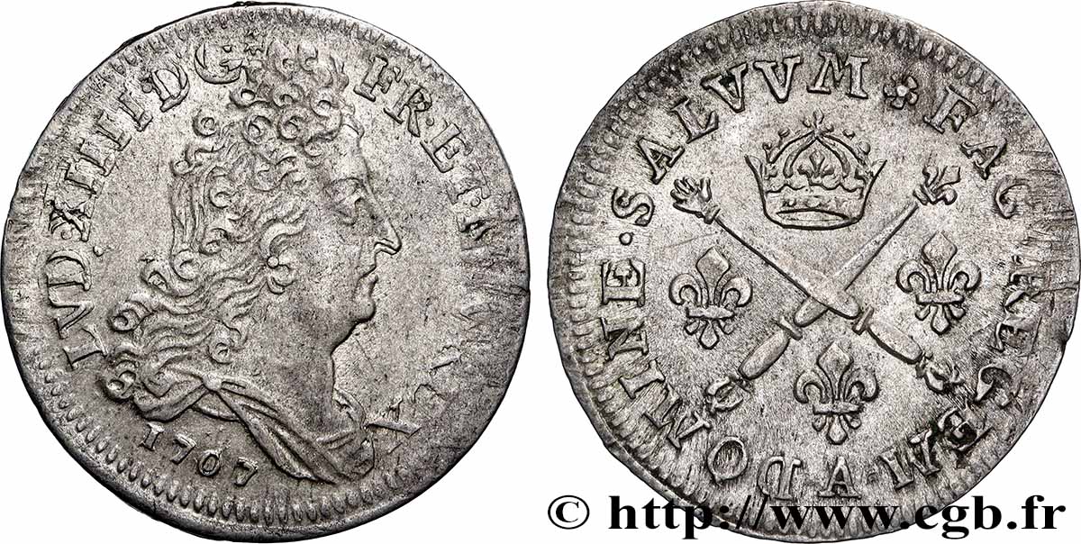 LOUIS XIV LE GRAND OU LE ROI SOLEIL 10 sols aux insignes 1707 Paris TTB+