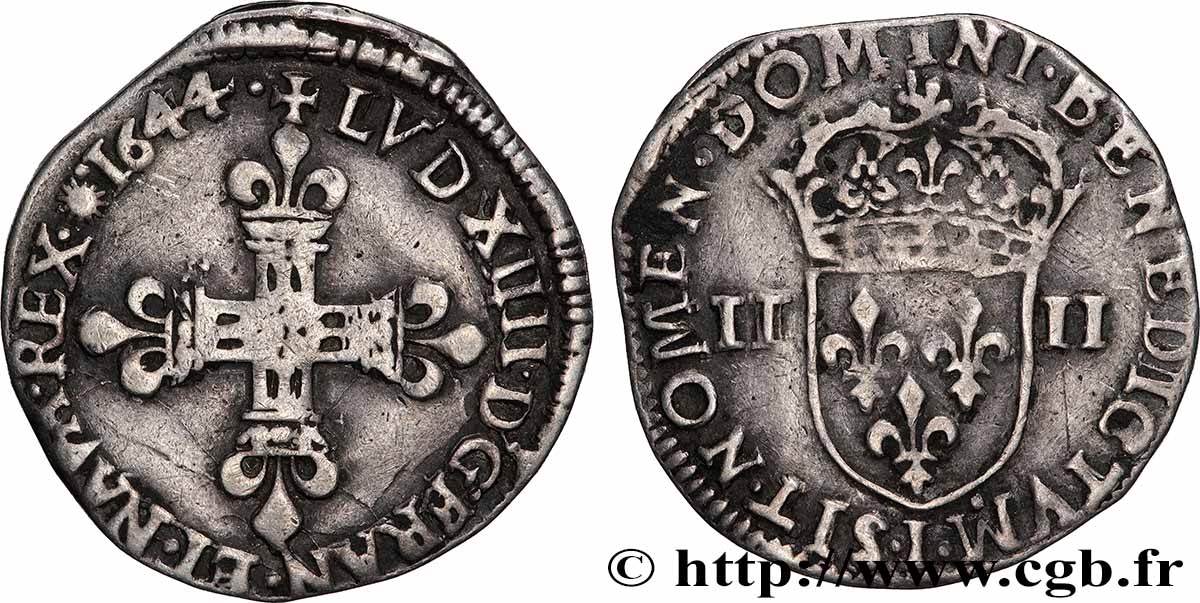 LOUIS XIV LE GRAND OU LE ROI SOLEIL Quart d&nbsp;écu, titulature côté croix 1644 Limoges TTB
