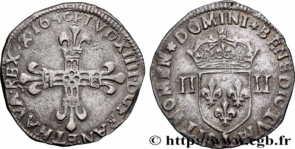 LOUIS XIV LE GRAND OU LE ROI SOLEIL Quart d&nbsp;écu, titulature côté croix 1646 Limoges TTB/TTB+