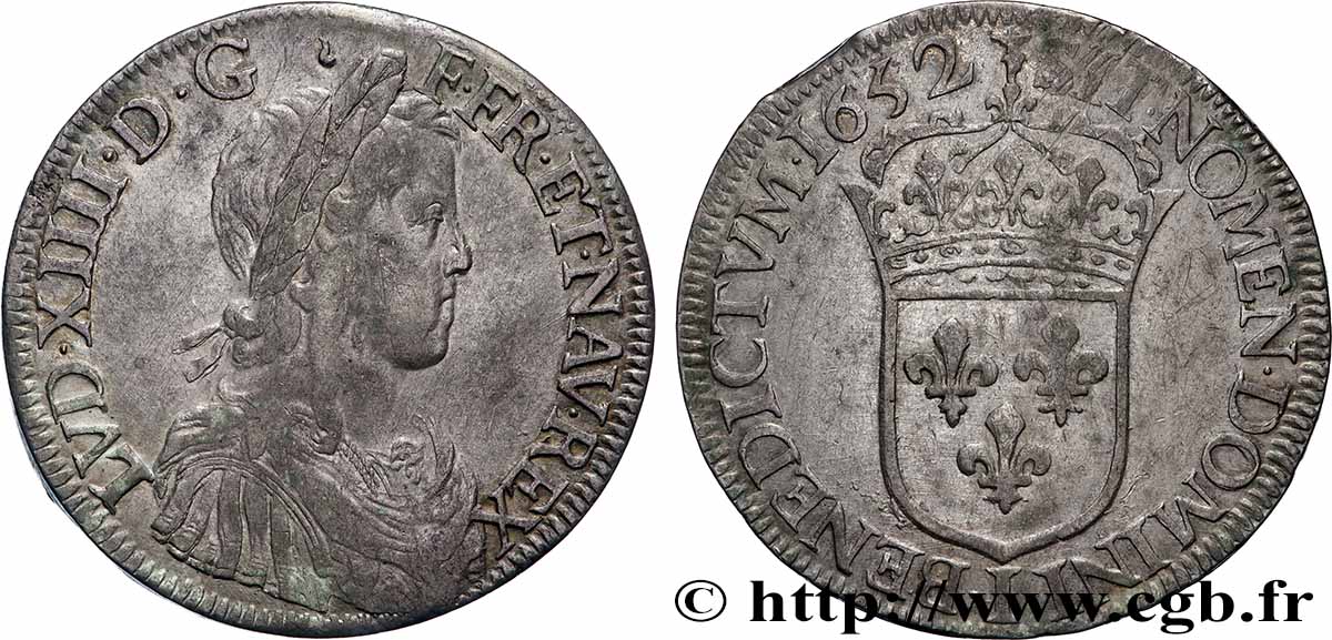 LOUIS XIV &nbsp;THE SUN KING&nbsp; Écu, portrait à la mèche longue 1652 Limoges XF