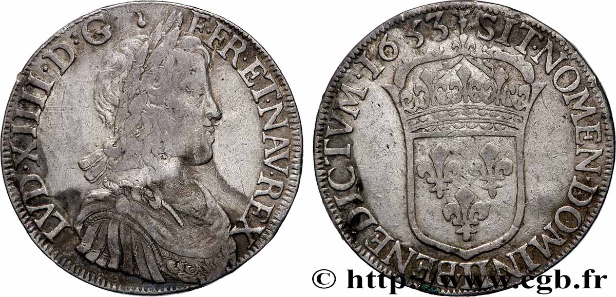 LOUIS XIV &nbsp;THE SUN KING&nbsp; Écu, portrait à la mèche longue 1653 Limoges VF/XF