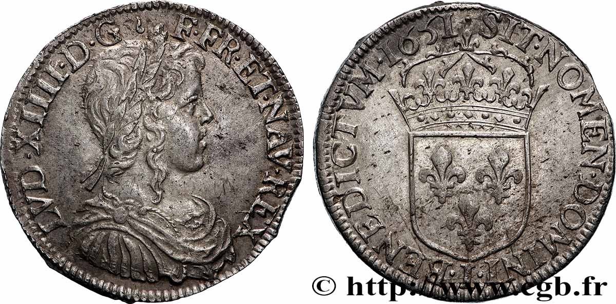 LOUIS XIV &nbsp;THE SUN KING&nbsp; Demi-écu, portrait à la mèche longue 1651 Limoges AU