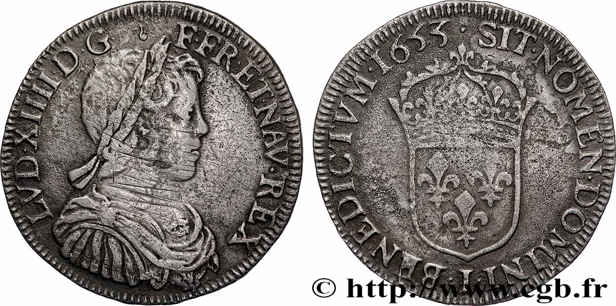 LOUIS XIV &nbsp;THE SUN KING&nbsp; Demi-écu, portrait à la mèche longue 1653 Limoges VF