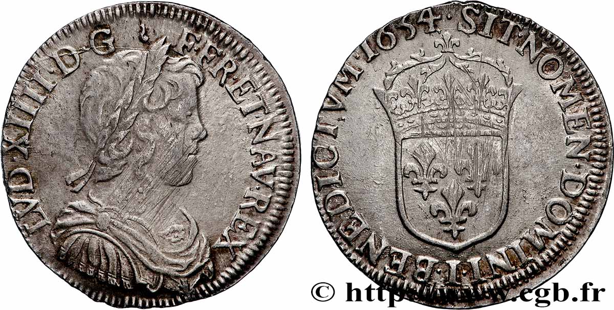LOUIS XIV &nbsp;THE SUN KING&nbsp; Demi-écu, portrait à la mèche longue 1654 Limoges AU/AU