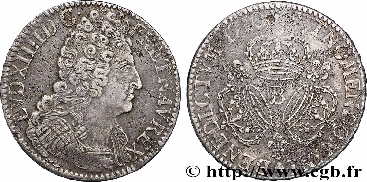 LOUIS XIV LE GRAND OU LE ROI SOLEIL Écu aux trois couronnes 1710 Rouen TTB+