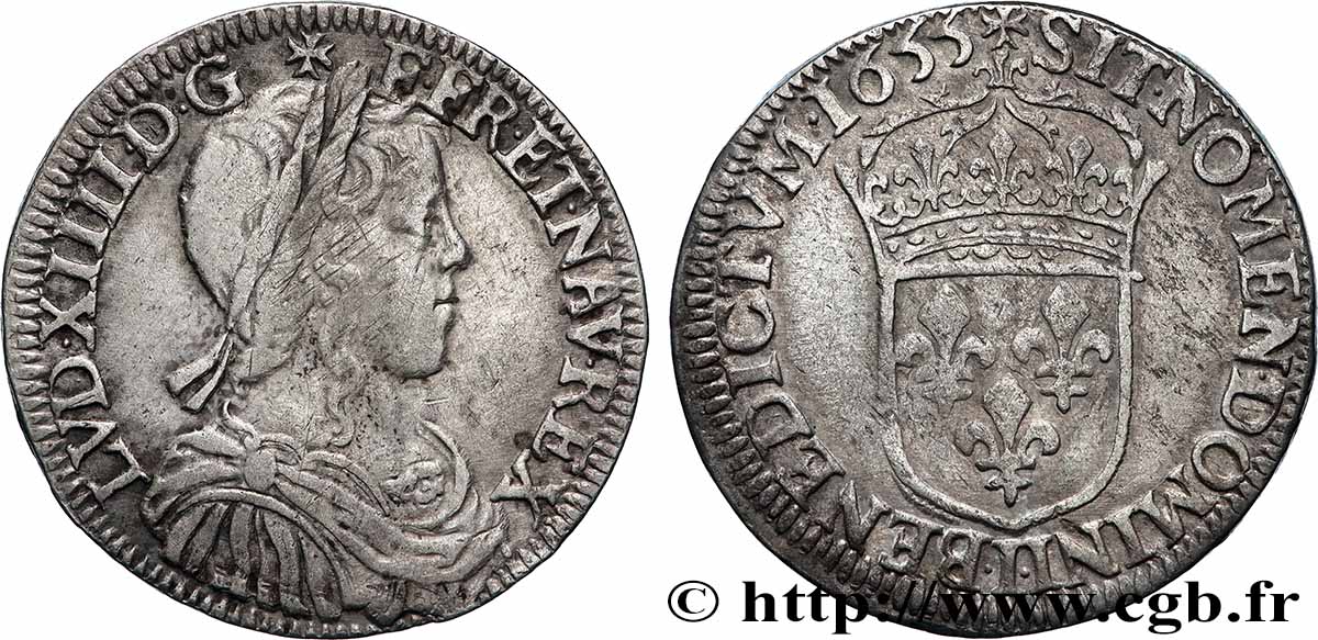 LOUIS XIV &nbsp;THE SUN KING&nbsp; Demi-écu, portrait à la mèche longue 1655 Limoges VF/XF