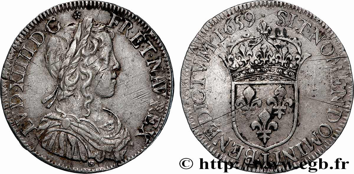 LOUIS XIV &nbsp;THE SUN KING&nbsp; Demi-écu, portrait à la mèche longue 1659 Limoges XF/VF