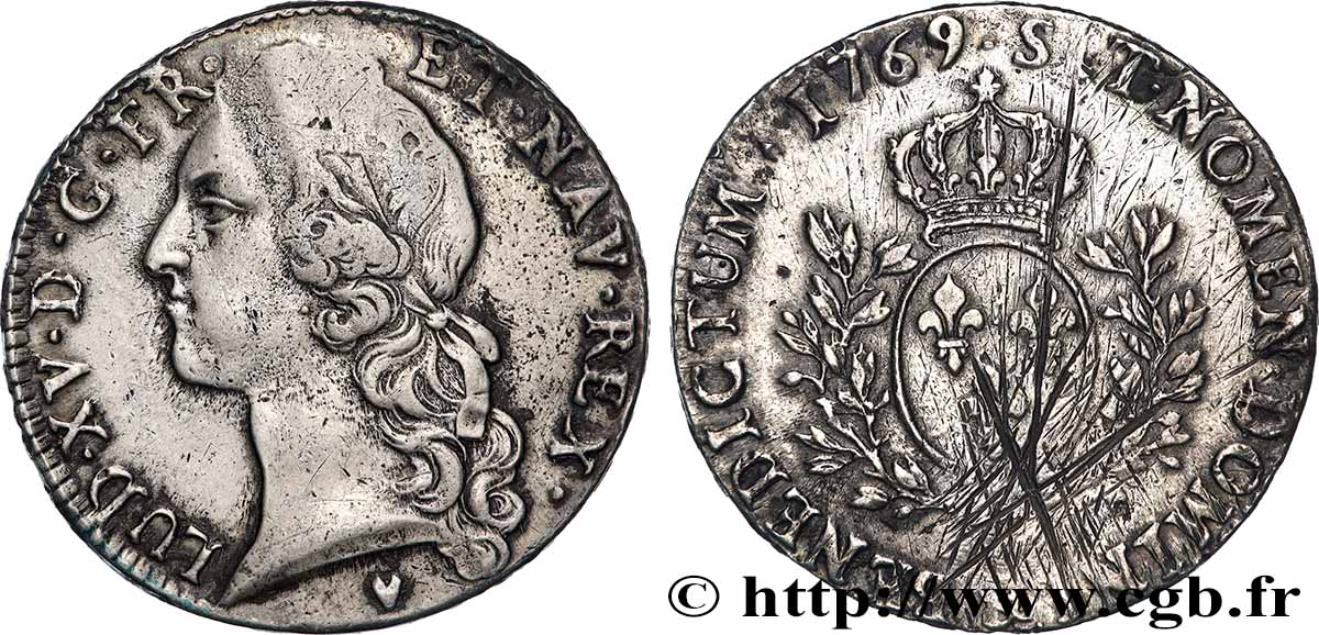 LOUIS XV DIT LE BIEN AIMÉ Écu aux branches d’olivier, tête ceinte d’un bandeau 1769 Aix-en-Provence TB+