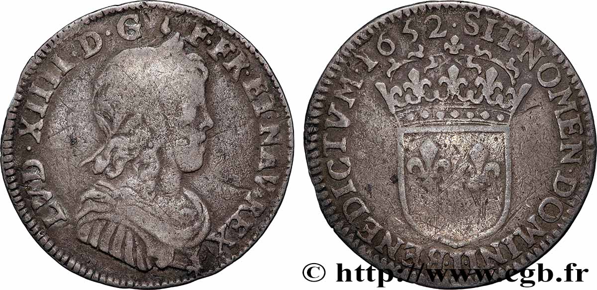 LOUIS XIV &nbsp;THE SUN KING&nbsp; Quart d&nbsp;écu, portait à la mèche longue 1652 Limoges BC/RC+