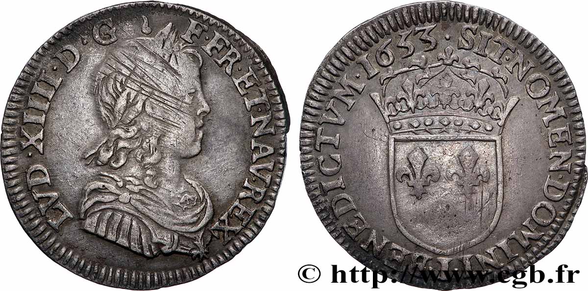 LOUIS XIV &nbsp;THE SUN KING&nbsp; Quart d&nbsp;écu, portait à la mèche longue 1653 Limoges SS