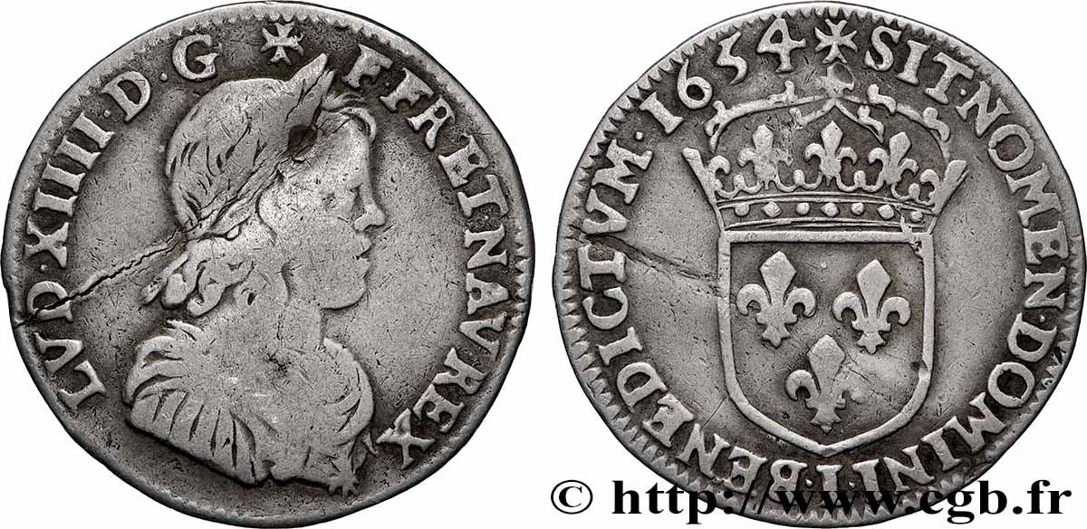 LOUIS XIV LE GRAND OU LE ROI SOLEIL Quart d&nbsp;écu, portait à la mèche longue 1654 Limoges B/TB