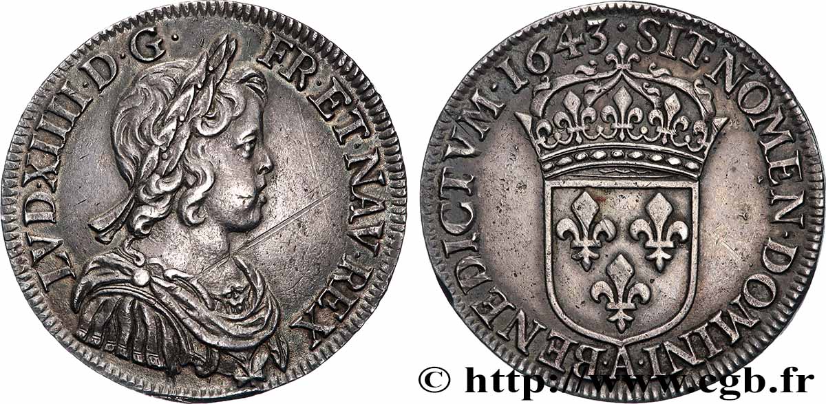 LOUIS XIV LE GRAND OU LE ROI SOLEIL Demi-écu, portrait à la mèche courte 1643 Paris, Monnaie du Louvre SUP