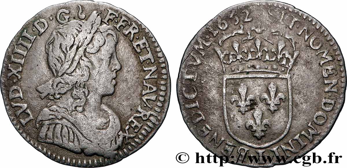 LOUIS XIV LE GRAND OU LE ROI SOLEIL Douzième d&nbsp;écu, portrait à la mèche longue 1652 Limoges TB+
