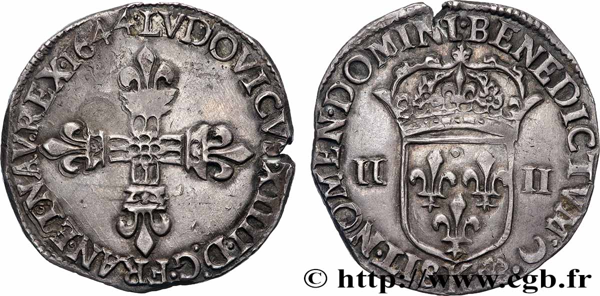 LOUIS XIV LE GRAND OU LE ROI SOLEIL Quart d&nbsp;écu, titulature côté croix 1644 Bordeaux TTB/TTB+