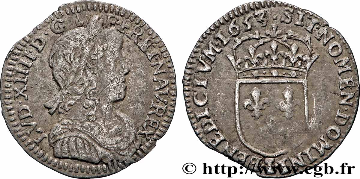 LOUIS XIV LE GRAND OU LE ROI SOLEIL Douzième d&nbsp;écu, portrait à la mèche longue 1653 Limoges TB