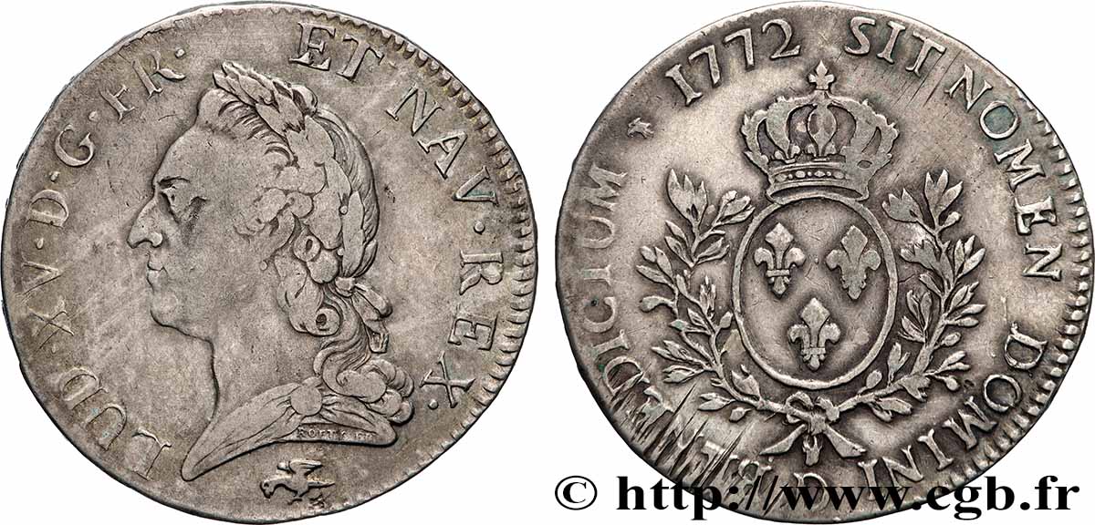 LOUIS XV DIT LE BIEN AIMÉ Écu aux branches d’olivier, buste lauré 1772 Lyon TB+