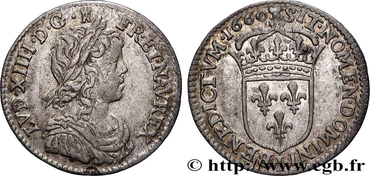 LOUIS XIV LE GRAND OU LE ROI SOLEIL Douzième d&nbsp;écu, portrait à la mèche longue 1660 Limoges TTB/TTB+